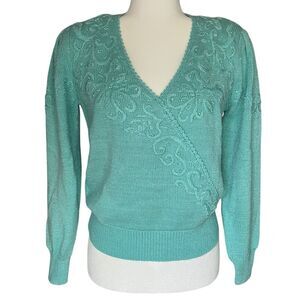 Jaclyn Smith Vintage Beaded Sweater Mint Green V Neck Womens Small